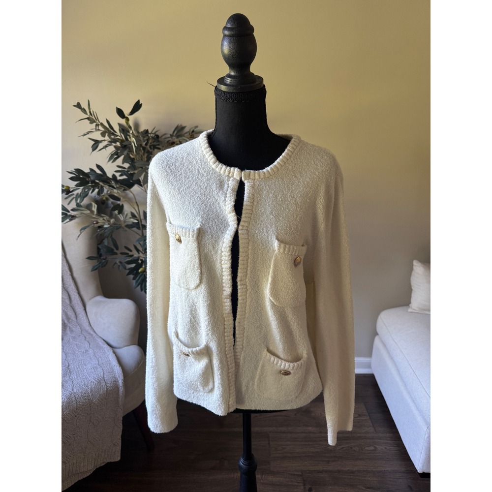 Rachel Zoe Ivory Boucle Knit Cardigan Sweater Gold Button Lady Jacket Large